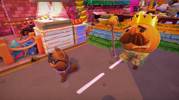 Overcooked! 2 screenshot: A dog wearing sunglasses and an onion king character walk in a colorful kitchen environment.