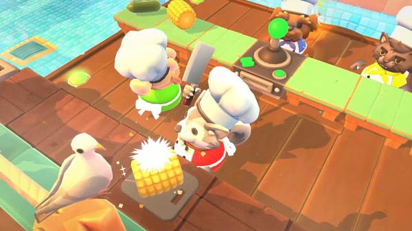 Screenshot from Overcooked! 2 showing chefs preparing food on a wooden counter while a bird watches from the side.