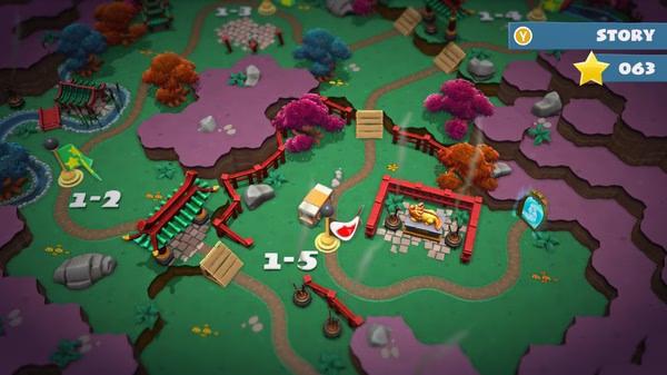 Overcooked! 2 screenshot: A colorful map with winding paths, trees, and level markers, showing game progress and story mode.