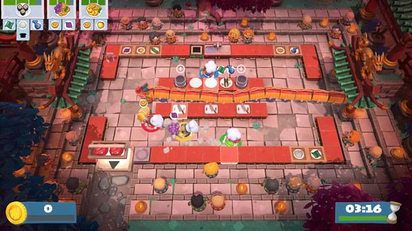 Screenshot from Overcooked! 2 showing chefs scrambling in a busy kitchen with a dragon weaving through the center.