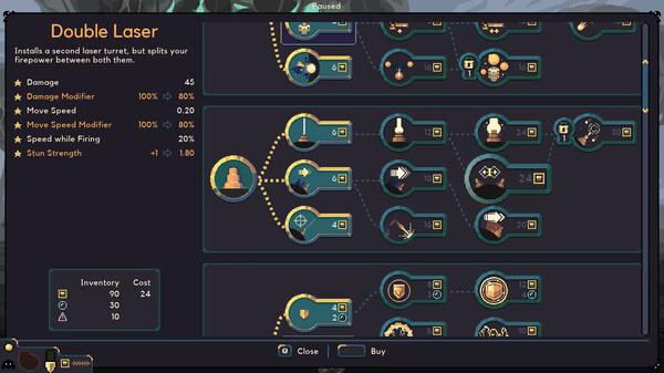 Screenshot from Dome Keeper showing the 'Double Laser' upgrade menu, detailing stats and inventory options at the bottom.