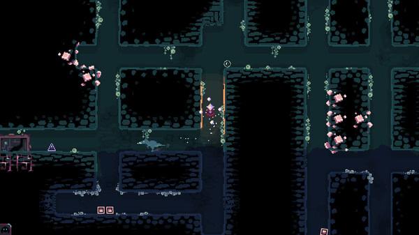 Screenshot from Dome Keeper showing a lone character mining through a dark underground cavern surrounded by glowing elements.