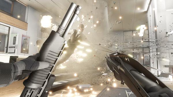 Screenshot from Trepang2 showing a dramatic action scene with a character firing a shotgun amidst explosions and debris.