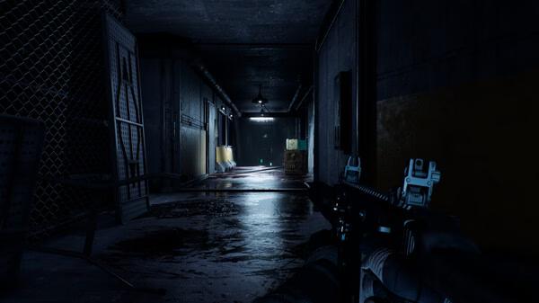 Trepang2 screenshot: A first-person view of a dimly lit corridor with a gun in hand, showing a tense, atmospheric setting.