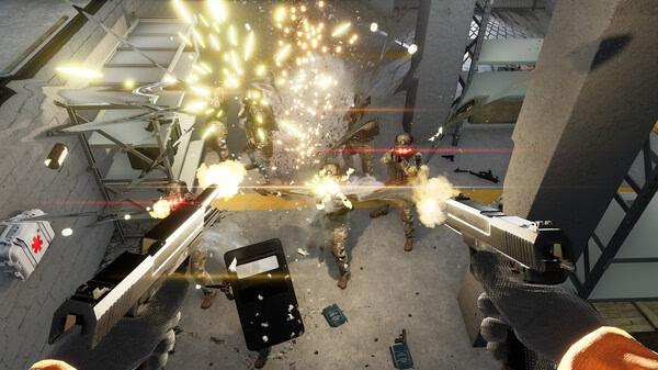 Trepang2 screenshot: First-person view of dual-wielding pistols, firing at soldiers amidst explosions and shattered glass.