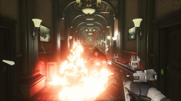 A Trepang2 screenshot showing intense gunfire as a player character faces enemies in a fiery hallway.