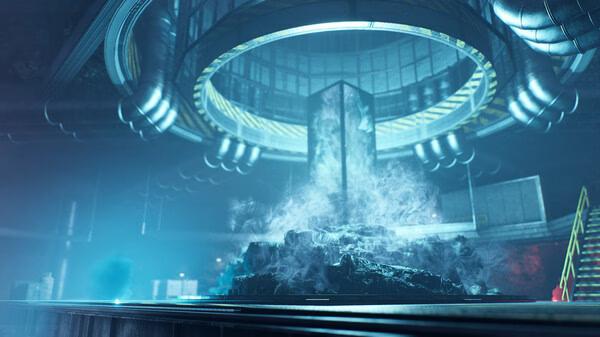 Trepang2 screenshot: A mysterious smoky artifact sits in the center of a futuristic, industrial facility.
