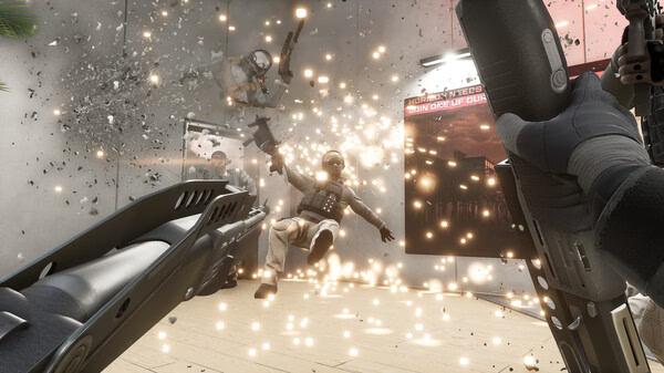 Trepang2 screenshot: Intense combat scene with soldiers dodging gunfire in a room, debris flying around.