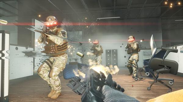 Trepang2 screenshot: A player shoots at three soldiers with glowing goggles in an office, as debris and bullets fly around.