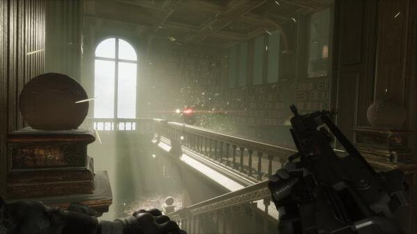 Trepang2 screenshot: A player holds a gun while aiming at an enemy in a sunlit, ornate hall with flying debris and gunfire effects.