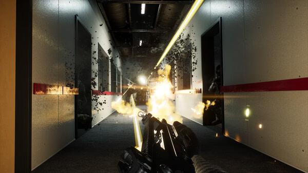 Trepang2 screenshot: A player fires a machine gun down a dimly lit corridor, with explosions and debris visible.