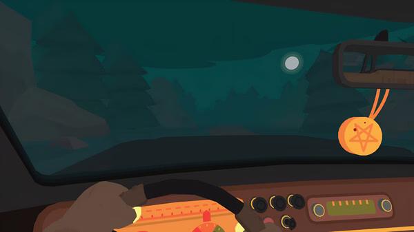 Screenshot from SULFUR: A hand grips a steering wheel in a dimly lit car interior with a forest and moon visible outside.