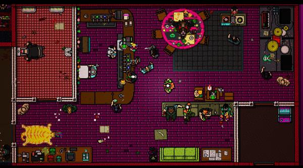Screenshot from Hotline Miami 2: Wrong Number showing a chaotic bar scene with neon colors, scattered items, and characters in combat.