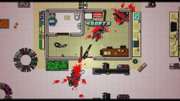 Hotline Miami 2: Wrong Number screenshot: A top-down view shows a bloody scene with several characters and weapons in a tiled room.