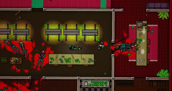 Screenshot from Hotline Miami 2: Wrong Number showing a top-down view of a chaotic room with characters and red splatters.