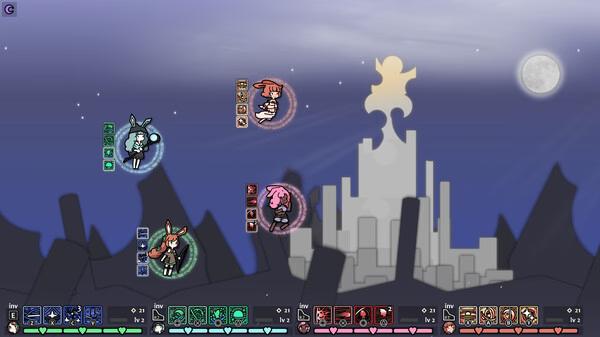 Screenshot from 'Rabbit and Steel' showing characters in combat mode with a city skyline and moon in the background.