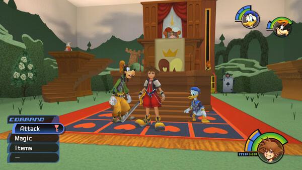 KINGDOM HEARTS -HD 1.5+2.5 ReMIX screenshot: Sora, Donald, and Goofy stand in front of a throne in a card-themed room.