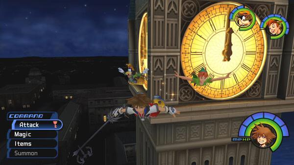 Screenshot from KINGDOM HEARTS -HD 1.5+2.5 ReMIX showing Sora, Peter Pan, Goofy, and Donald near a glowing clock tower at night.