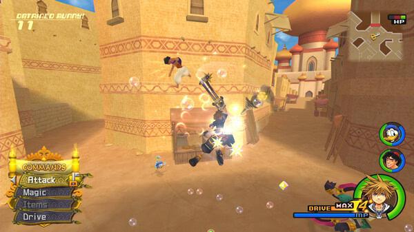 A screenshot from KINGDOM HEARTS -HD 1.5+2.5 ReMIX showing Sora battling in Agrabah with commands and health bars visible.