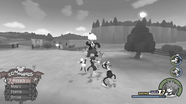 Screenshot from KINGDOM HEARTS -HD 1.5+2.5 ReMIX showing Sora, Donald, and Goofy battling enemies in a grayscale farm setting.