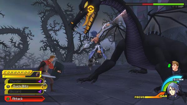 Screenshot from KINGDOM HEARTS -HD 1.5+2.5 ReMIX shows a character battling a large dragon with thorny vines.