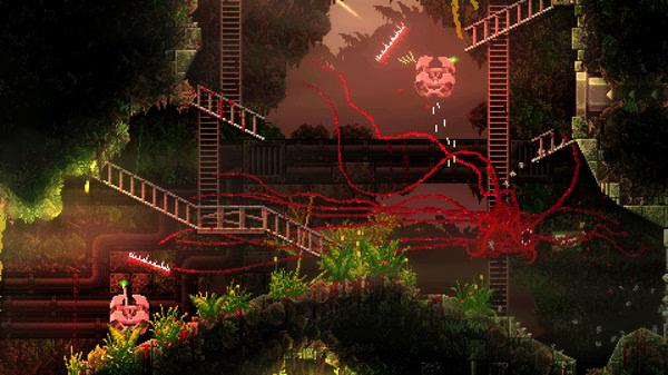 CARRION screenshot: A red, tentacled creature moves through an industrial area with platforms, ladders, and two floating enemies.