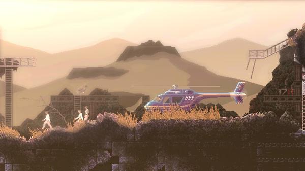 Screenshot from CARRION showing a helicopter landed on rocky terrain with two figures approaching from the left.