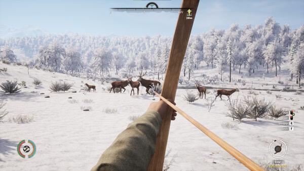 A screenshot from Medieval Dynasty showing a first-person view of aiming a bow at a herd of deer in a snowy landscape.