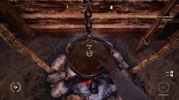 A Medieval Dynasty screenshot showing a pot of stew cooking over a fire. A hand stirs the pot inside a rustic wooden cabin.