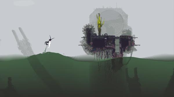 Rain World screenshot: A creature stands on a ledge above green water, with a large, intricate structure in the background.