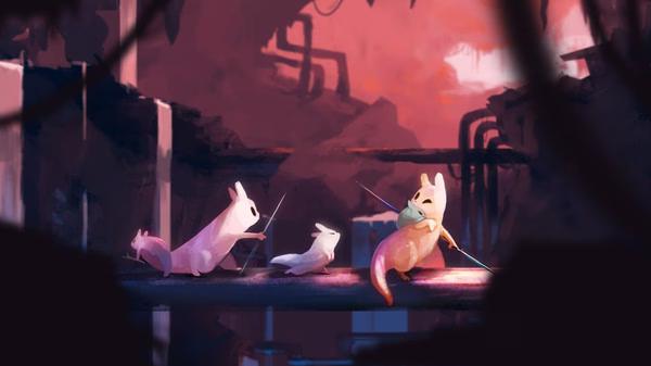 Rain World screenshot: A slugcat with a green pouch and three smaller slugcats stand on a ledge in a dim, industrial environment.