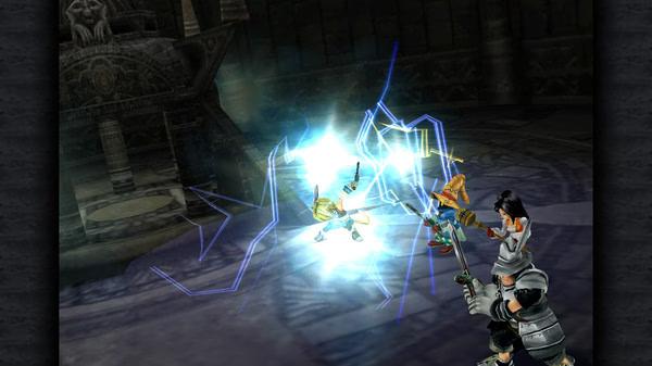 FINAL FANTASY IX screenshot showing a battle scene with characters wielding weapons amidst a burst of blue energy.