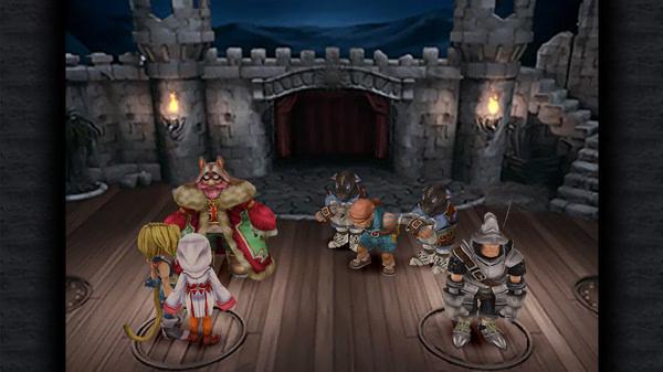 A screenshot from FINAL FANTASY IX showing characters standing on a stage in a castle setting, surrounded by armored guards.