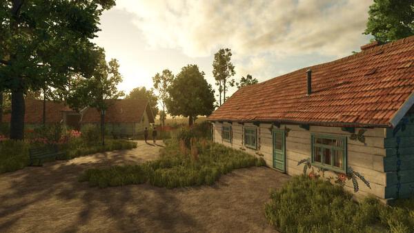 Screenshot of Farming Simulator 25 showing a peaceful rural scene with cottages, trees, and a dirt path during sunset.