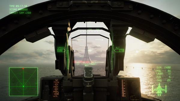 A screenshot from ACE COMBAT 7: SKIES UNKNOWN showing a fighter jet cockpit display targeting an enemy over a vast ocean at sunset.