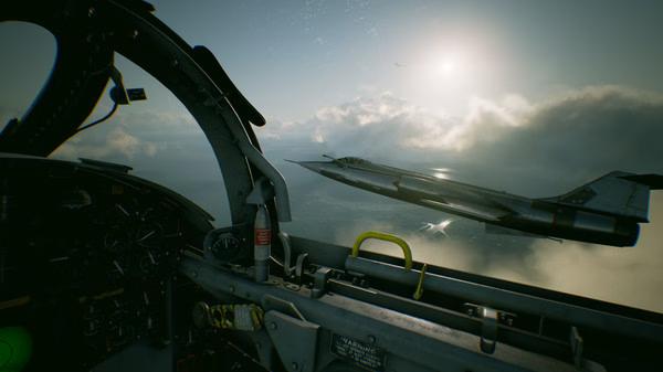 A screenshot from ACE COMBAT 7: SKIES UNKNOWN showing a fighter jet soaring through clouds, viewed from another cockpit.