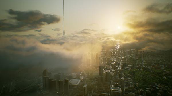 Screenshot from ACE COMBAT 7: SKIES UNKNOWN showing a cityscape at sunset, partly obscured by clouds and mist, with a tall tower visible.