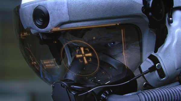 Close-up of a pilot's helmet visor displaying HUD elements in ACE COMBAT 7: SKIES UNKNOWN. Intense focus is visible. Screenshot.