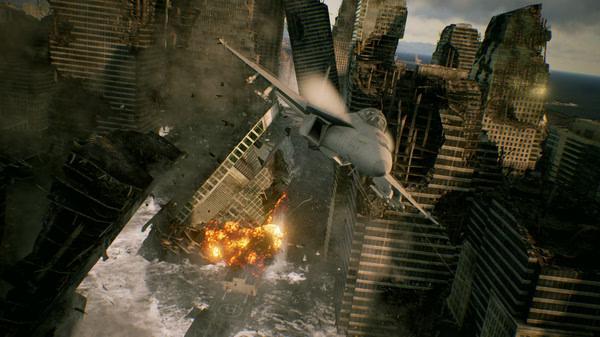 A fighter jet maneuvers through a cityscape with crumbling skyscrapers in an 'ACE COMBAT 7: SKIES UNKNOWN' screenshot.