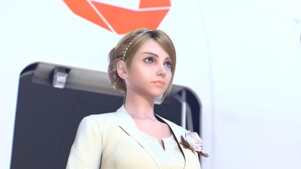 A character stands in front of an aircraft door in a scene from ACE COMBAT 7: SKIES UNKNOWN. Screenshot shows a close-up view.
