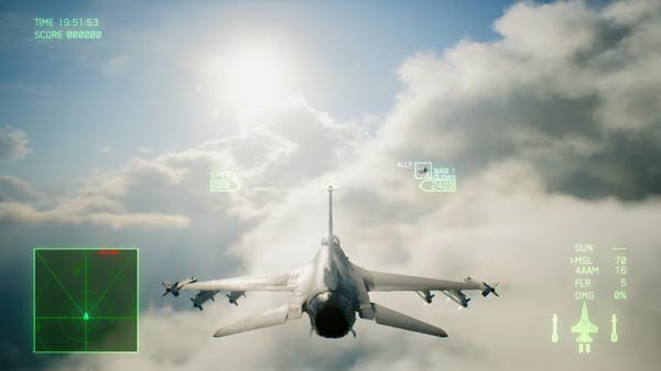 A jet fighter soars through a cloudy sky with HUD elements visible in this ACE COMBAT 7: SKIES UNKNOWN screenshot.