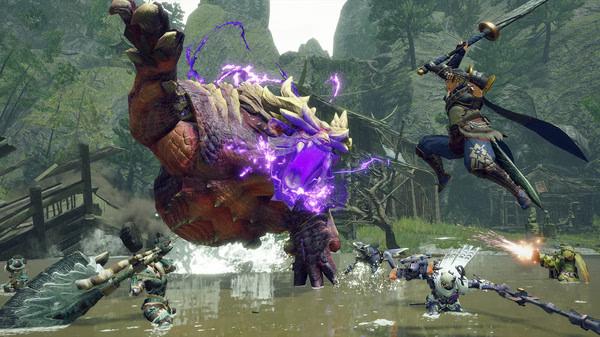 MONSTER HUNTER RISE screenshot: Hunters engage a glowing, purple monster in a swampy area surrounded by lush greenery.