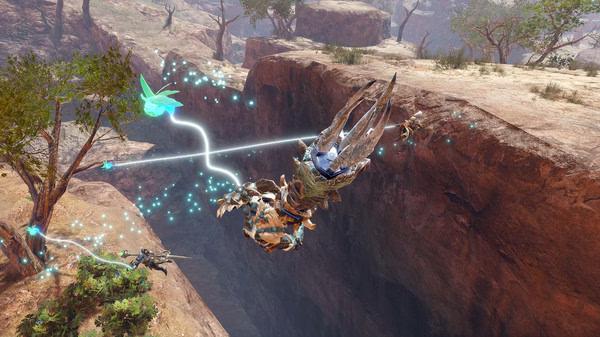 MONSTER HUNTER RISE screenshot: A hunter uses a glowing wirebug to swing across a canyon, with rocky terrain and trees in the background.