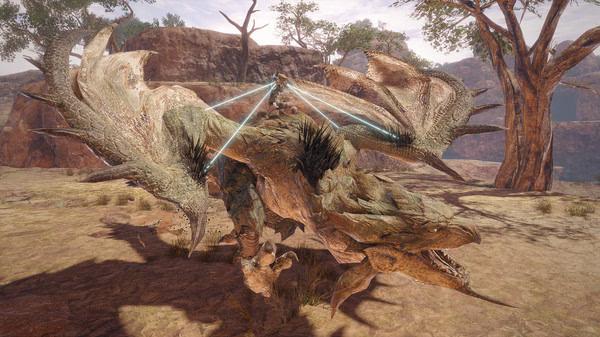 A MONSTER HUNTER RISE screenshot showing a hunter riding a large dragon-like monster in a rocky, desert-like environment.