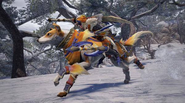MONSTER HUNTER RISE screenshot: A hunter riding a Palamute through a snowy forest, equipped with armor and weapons, ready for adventure.