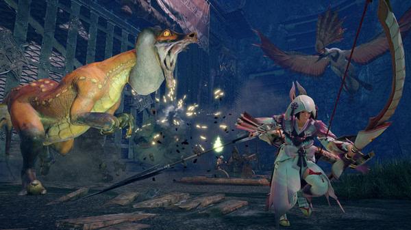 MONSTER HUNTER RISE screenshot: A hunter in ornate armor battles a large dinosaur-like creature in a dark, lush environment.