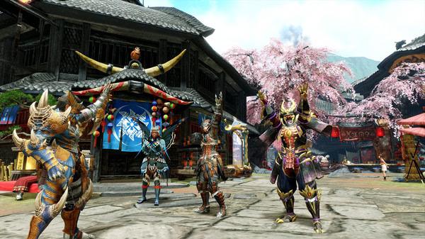 A screenshot from MONSTER HUNTER RISE showing four armored hunters posing in a vibrant village with cherry blossoms and banners.