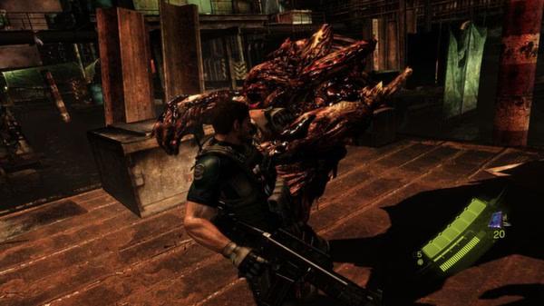 Resident Evil 6 screenshot: A character battles a monstrous creature in a dimly lit, industrial setting, with a health bar visible.