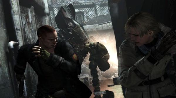 Resident Evil 6 screenshot: Two characters run from a large, armored creature in a dark, industrial corridor.