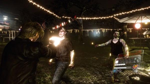 Resident Evil 6 screenshot: A character aims a gun at two approaching zombies in a dimly lit outdoor area with string lights.